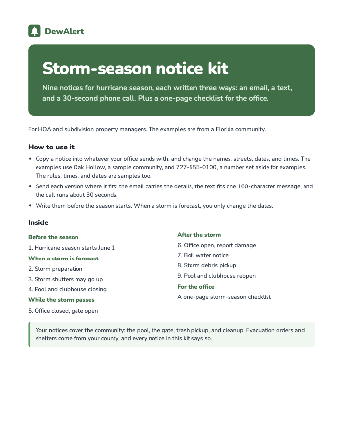 The first page of the storm-season notice kit